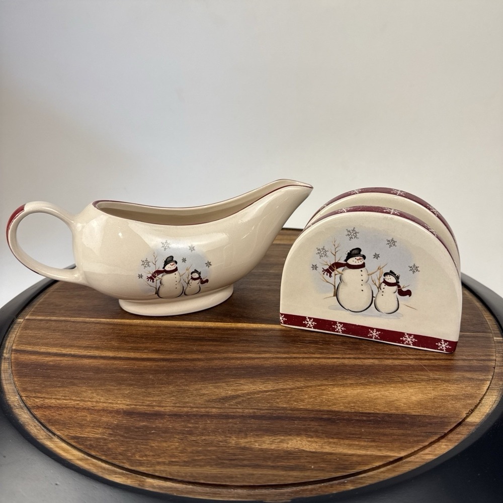 Royal‎ Seasons Gravy Boat and Napkin Holder Set Cream Snowman Stoneware Holiday